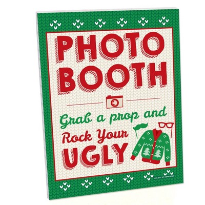 Big Dot of Happiness Ugly Sweater Photo Booth Sign - Christmas Party Decor - Printed on Sturdy Plastic - 10.5 x 13.75" - Sign with Stand - 1 Piece