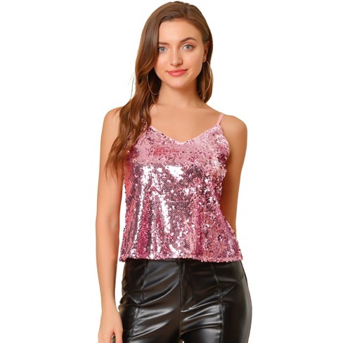 Allegra K Women's Sequined Shining Club Party Sparkle Cami Top Rose ...