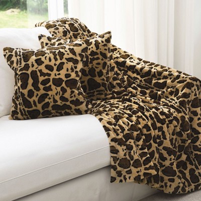 Set of 2 Brown Leopard Print Faux Fur Throw Pillows