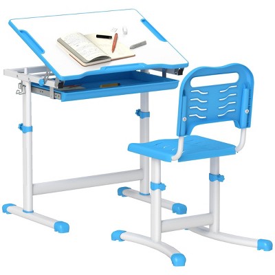 INFURNIC Kids Table Sets Height Adjustable Desk and Chair Set with Tilt Top and Storage for Students, Blue, 26"*18.5"*30.3"
