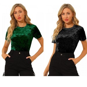 INSPIRE CHIC Women's Velvet Crew Neck Short Sleeve Casual Blouse 2 Packs - 1 of 4