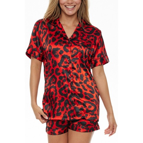 ADR Women s Classic Satin Pajamas Set with Pockets Short Sleeve PJs Red Leopard X Large