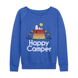 Women's - Peanuts - Happy Camper Lightweight French Terry Wide Neck Long Sleeve Graphic Shirt - 1 of 4