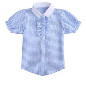 Girls Ruffle Button Down Shirts Short Sleeve School Tops Plaid Blouse 4-13Y - 1 of 4