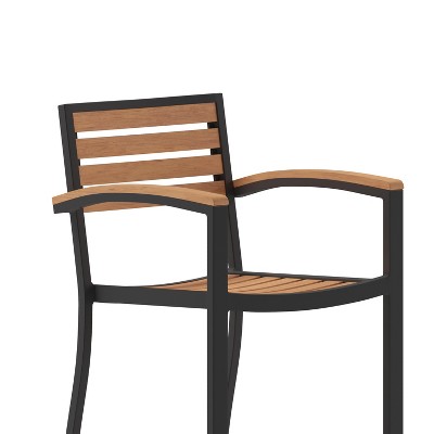 Teak Faux Wood Poly Resin Slatted Bar Height Stool with Aluminum Frame