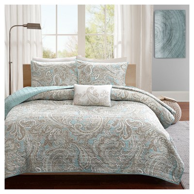 King Blue Cotton Paisley Quilt Set with Shams
