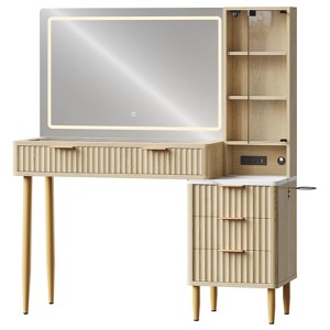 Particle Board LED Dressing Table with Wave Pattern, Durable MDF, Modern Design, Built-In LED Lighting, Spacious Storage - 1 of 4