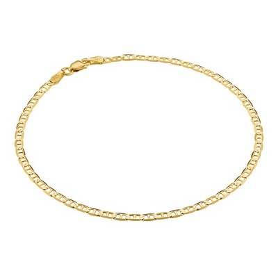 KISPER 18K Gold Over 925 Sterling Silver Italian 3mm Solid Diamond-Cut Flat Mariner Link Chain Anklet for Women - Made in Italy