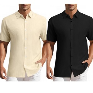 INSPIRE CHIC Men's Summer Point Collar Short Sleeves Button Down Linen Shirts 2 Packs - 1 of 4