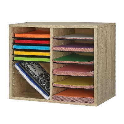 Medium Oak Adjustable 12-Compartment Wood Literature Organizer