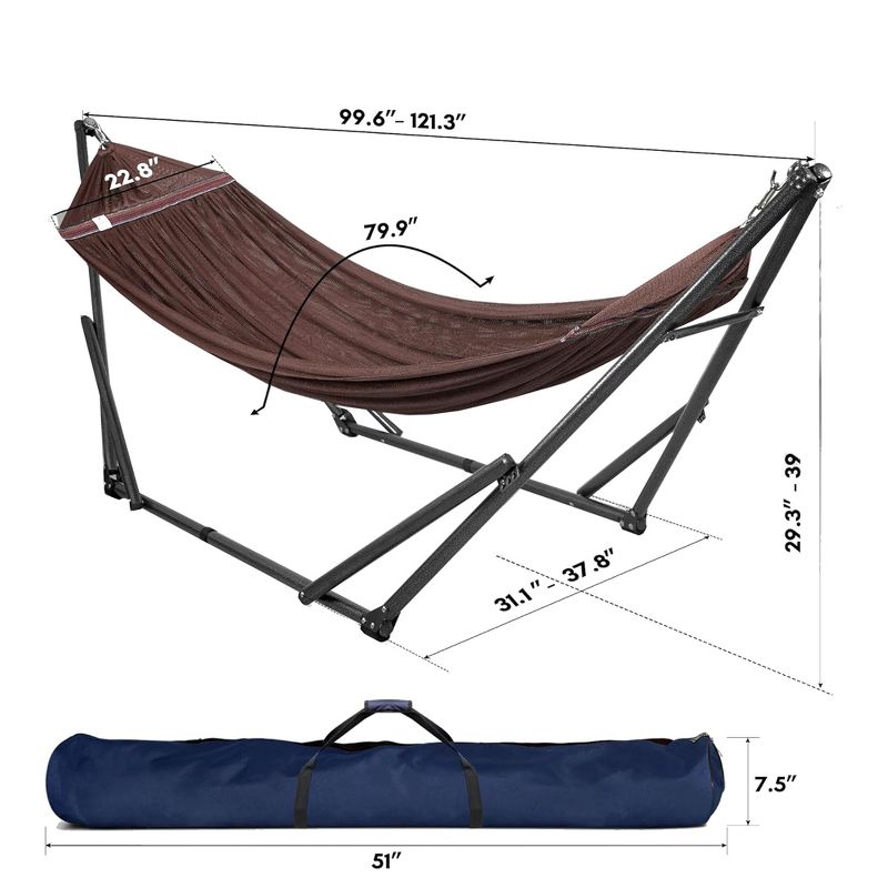 Tranquillo Universal 116" Double Hammock Swing with Adjustable Powder-Coated Steel Stand and Carry Bag for Indoor or Outdoor Use, Brown, 2 of 7