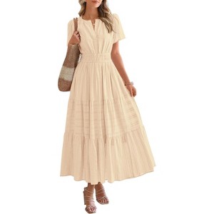 Women's 2025 Summer Casual Midi & Maxi Dress - Lightweight V-Neck Boho Beach Dress with Elastic Waist & Pockets Apricot - 1 of 4