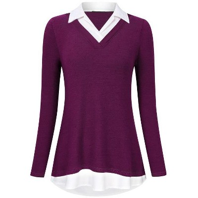 Coolmee Women's Contrast Collared Shirts Long Sleeve Patchwork Work Blouse Tunics Tops