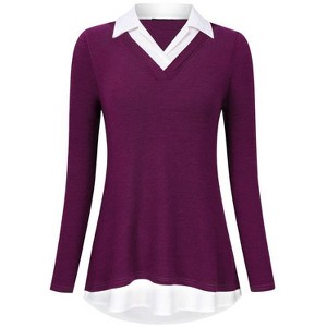 Coolmee Women's Contrast Collared Shirts Long Sleeve Patchwork Work Blouse Tunics Tops - 1 of 4