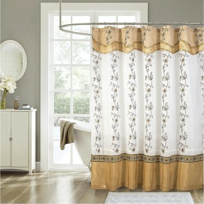 Kate Aurora Royal Living Embroidered Floral Sheer On Taffeta Layered Fabric  Shower Curtain - Gold