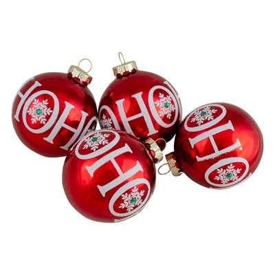 Northlight Set of 4 Red Ho Ho Ho Glass Ball Christmas Ornaments 3.25-Inch (80mm)