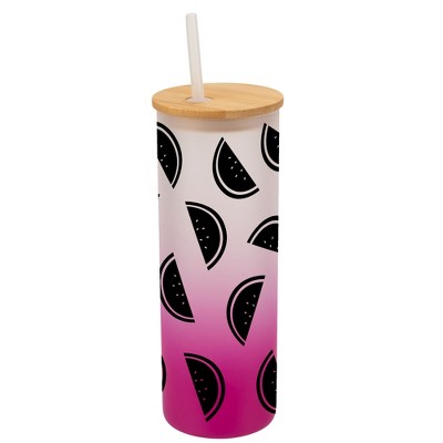 Elanze Designs Watermelon Fruit Happy Summer Vibes Wrap-Around Design 25 Ounce Frosted Gradient Glass On-The-Go Coffee Travel Skinny Tumbler Mug Cup,