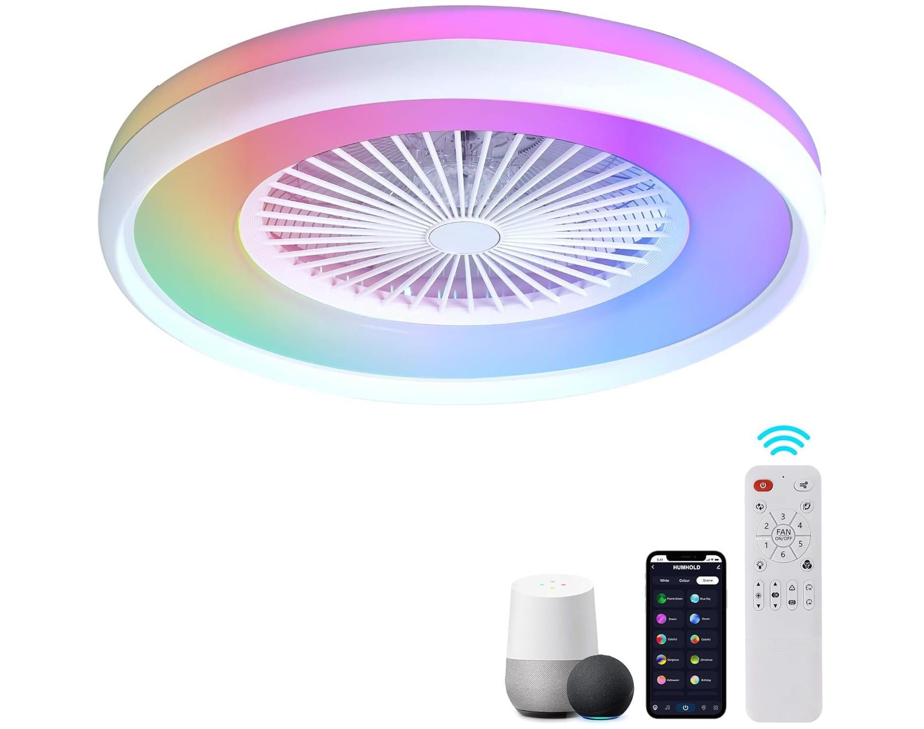 HUMHOLD 24" Bladeless Ceiling Fan with RGB Light Remote, Smart LED Ceiling Fans with Voice/App Control, Modern Low Profile Lighted Ceiling Fan, White