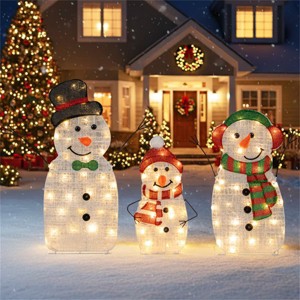 Angel Sar 3-Piece Lighted Snowman Family Decor, 95 Warm-White LEDs, 30.5"/25.5"/20.5" Metal Fabric Snowmen Set - 1 of 4