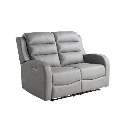 Gray Faux Leather Channel Tufted Reclining Loveseat with Acacia Wood
