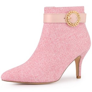 Allegra K Women's Buckle Decor Stiletto High Heels Houndstooth Ankle Boots - 1 of 4