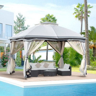 Gray Steel Outdoor Gazebo with Mesh Sidewalls and Vented Roof
