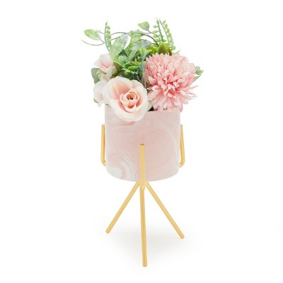 Juvale Faux Hydrangea Flowers and Pink Ceramic Planter with Stand for Artificial Potted Plants