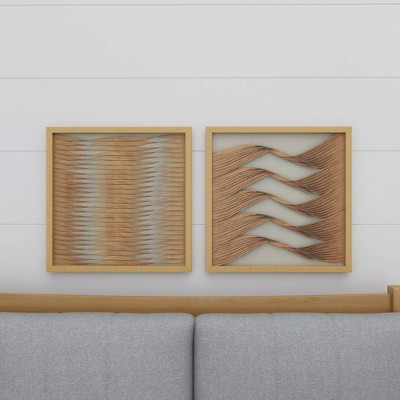 Large Brown Wood and Rattan Shadow Box Wall Art Set