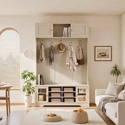 Luck Live Bedroom wardrobe, 46.45 Inches High, with Stool Storage Function and Four-Hook Entry Organizer