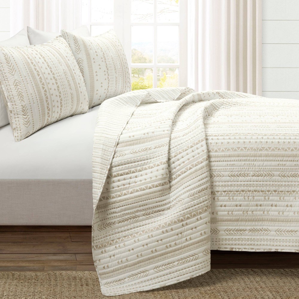 Lush Décor 3pc Full/Queen Hygge Stripe Oversized Reversible Quilt Set Tan/White: Microfiber, Machine Washable, OEKO-TEX Certified