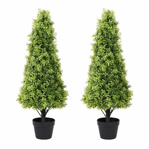 poetree Outdoor Artificial Boxwood Topiary Trees in Pot – Tower-Shaped Faux Shrubs, Set of 2, 2.5ft/3ft/4ft - 1 of 4