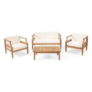 KWPZQEB Outdoor 4-seat Chat Set, Mid-Century Modern Acacia Wood Loveseat & Coffee Table & Club Chair with Cushion for Garden, Porch, Living Room - 1 of 4