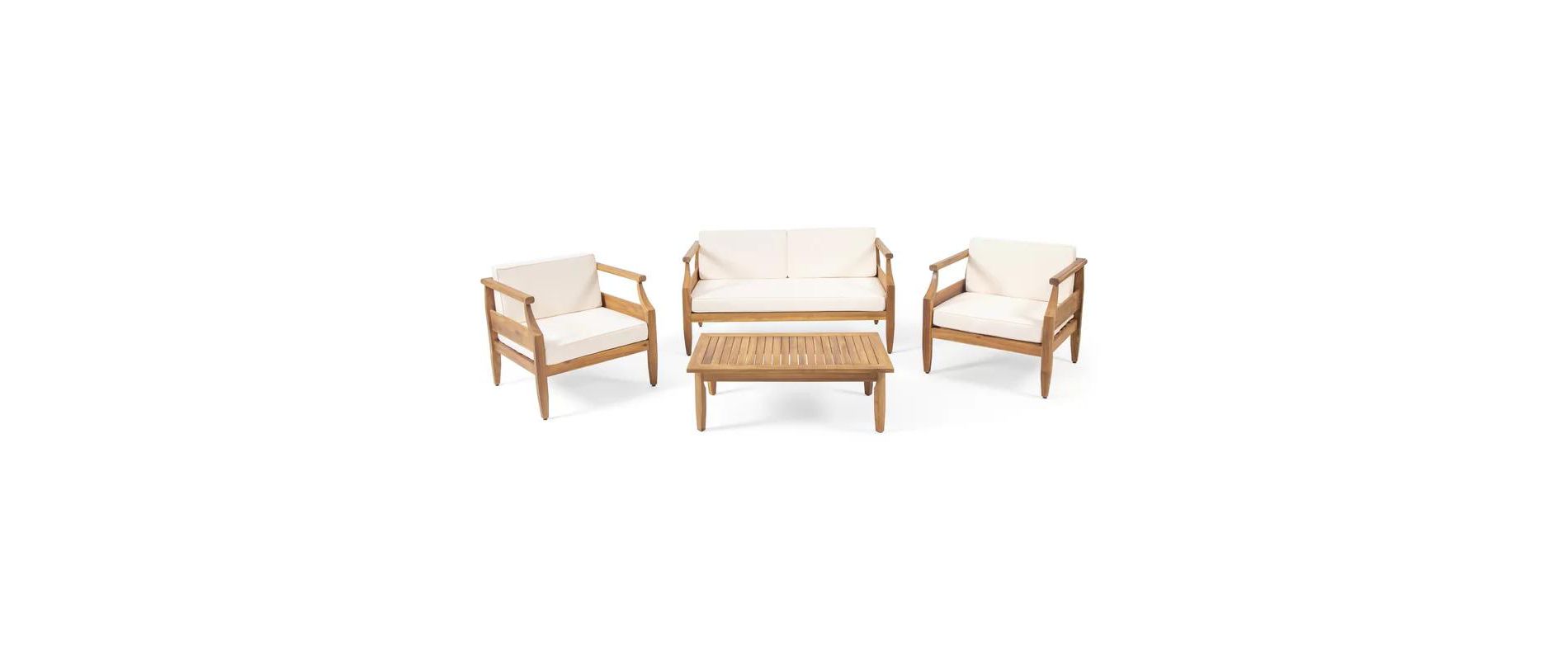 KWPZQEB Outdoor 4-seat Chat Set, Mid-Century Modern Acacia Wood Loveseat & Coffee Table & Club Chair with Cushion for Garden, Porch, Living Room