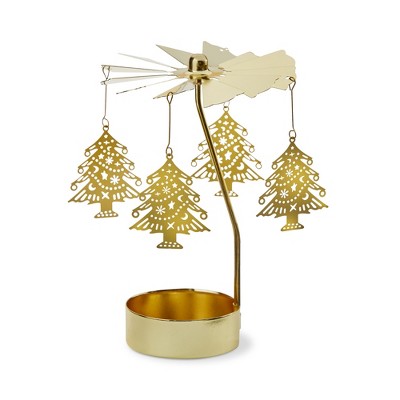 Tag Christmas Tree Carousel Tealight Candle Holder Gold Metal 3.0 x 3.0 x 5.0 inches