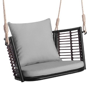 Costway Patio Hanging Rattan Basket Chair Swing Hammock Chair with Seat Cushion Navy/Grey/Beige - 1 of 4