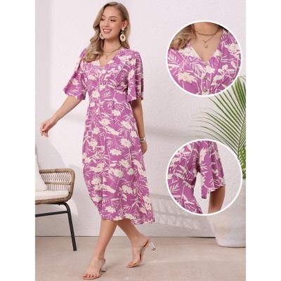 Женские платья INSPIRE CHIC Women's Floral Casual Summer Ruffle Sleeve V Neck Beach Boho A Line Midi Dresses X-Large Purple — фото 2