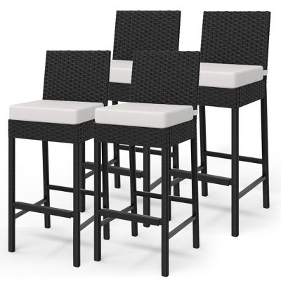 Outdoor Bar Stool Set of 2, Counter Height Bar Chair with Soft Cushion & Ergonomic Footrest, Rattan Barstool Set for Patio Pool