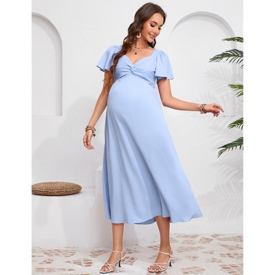 Maternity Dress Ruffle Short Sleeve V Neck Twist Front Summer A Line Midi Dress Baby Shower Photoshoot