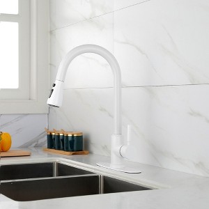 LOVMOR Single Handle Pull-Down Sprayer Kitchen Faucet with Three-function Pull Out Sprayer head, Deckplate in White - 1 of 4