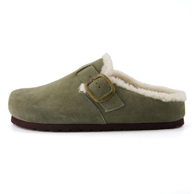 CUSHIONAIRE Haven Genuine Leather Clogs for Women – Faux Fur Lined  Slip-On Womens Shoes with Cork Footbed and Adjustable Buckle