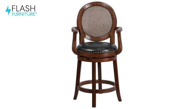 Flash Furniture 26'' High Expresso Wood Counter Height Stool with Arms, Woven Rattan Back and Black LeatherSoft Swivel Seat, 2 of 12, play video