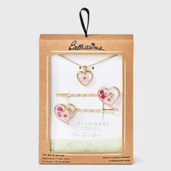 Bella Uno Bellissima Silver Plated KT Flash Pressed Flower Pink Wildflower Heart Pendant Necklace and Bobby Pin Set 2pc - Gold