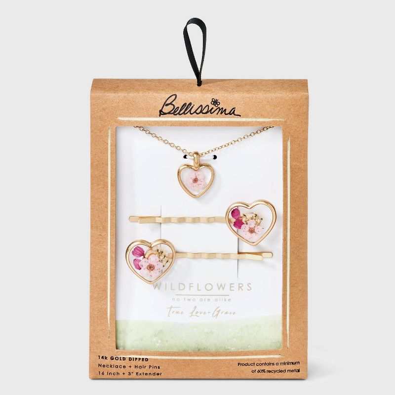 Bella Uno Bellissima Silver Plated KT Flash Pressed Flower Pink Wildflower Heart Pendant Necklace and Bobby Pin Set 2pc - Gold, 1 of 4