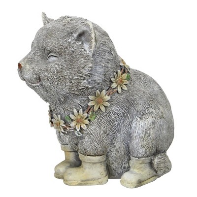 Gray and White Pudgy Cat Garden Statue with Yellow Rain Boots