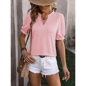 Womens Summer Short Puff Sleeves Blouses Shirts V Neck Cute  Knit Textured Casual Regular Fit Tops - 1 of 4