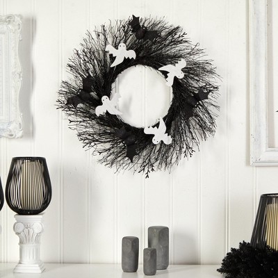 22" Black and White Halloween Ghost and Bat Twig Wreath