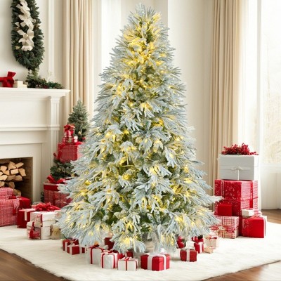 VisioGear Craft Activity Kits 6FT Pre-Lit Spruce Snow Flocked Christmas Tree, Artificial Hinged Xmas Tree, Multicolor