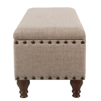 Large Beige Linen Storage Bench with Nailhead Trim