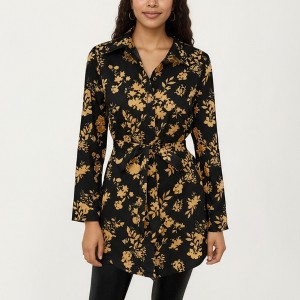 Anna-Kaci Women's Long Sleeve Button-Down Tunic Shirt with Waist Tie and Floral Print - 1 of 4