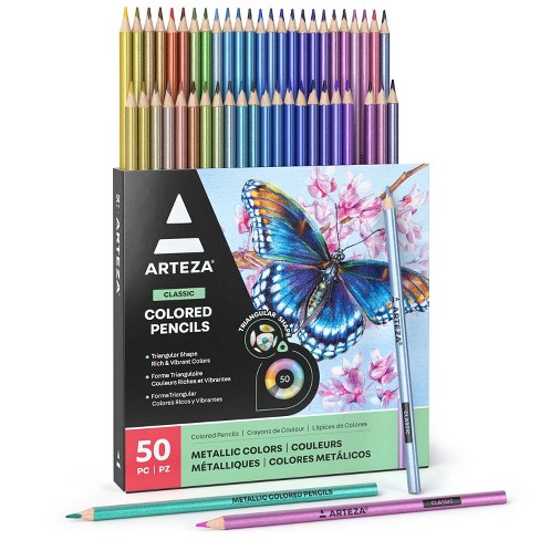 Arteza Metallic Colored Pencils, Set Of 50, Triangular Grip, Pre-sharpened  Coloring Pencils, Art Supplies For Coloring And Drawing : Target